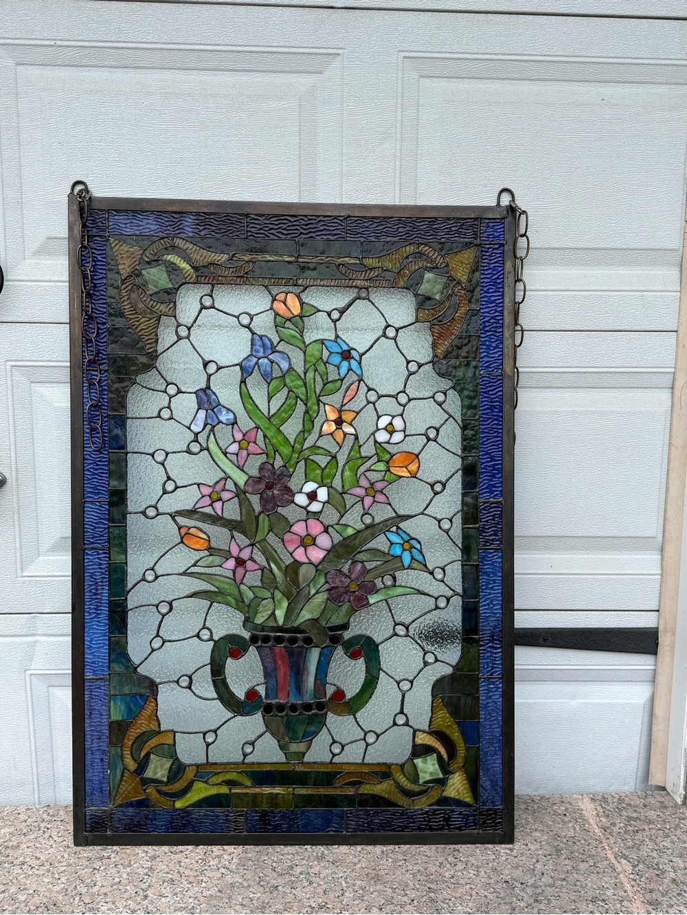 Vin Tiffany style Stained Glass Floral Panel with hooks for hanging 3 ft tall